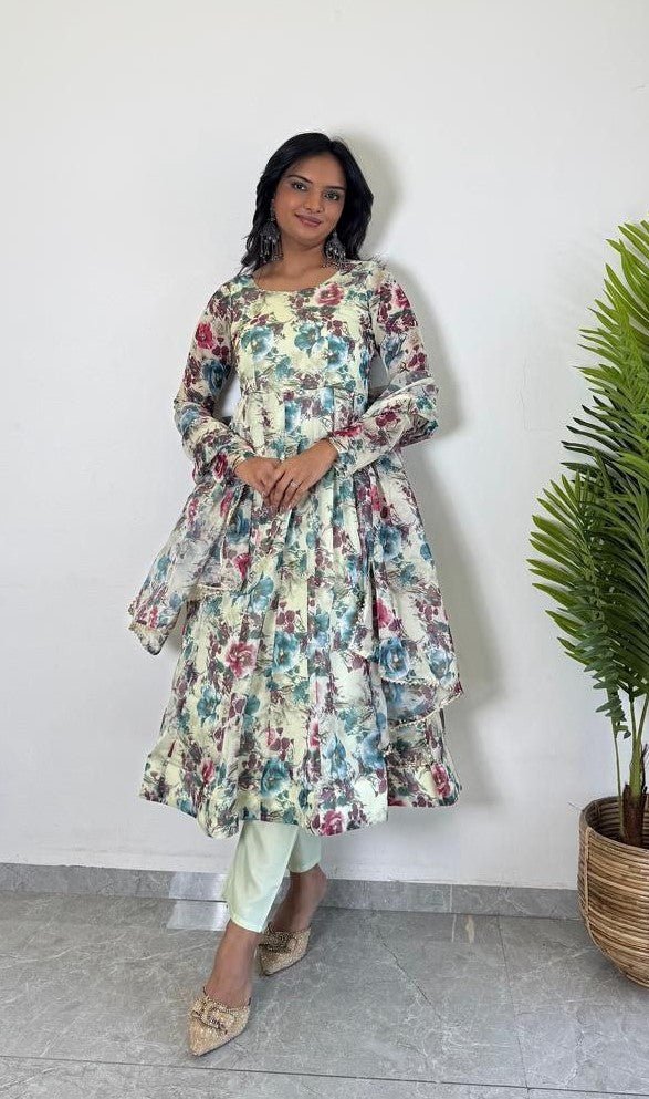 organza flore printed anarkali kurti 3 p - Sale Dekh